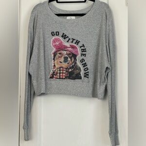 Aerie “Go with the Snow” Long Sleeve Crop Top, grey waffle-weave, size L